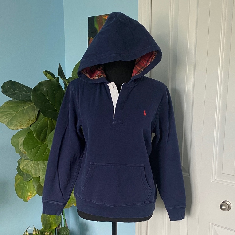 Polo by Ralph Lauren Navy Button Down Hoodie with Plaid Trim Kids Size 14-16